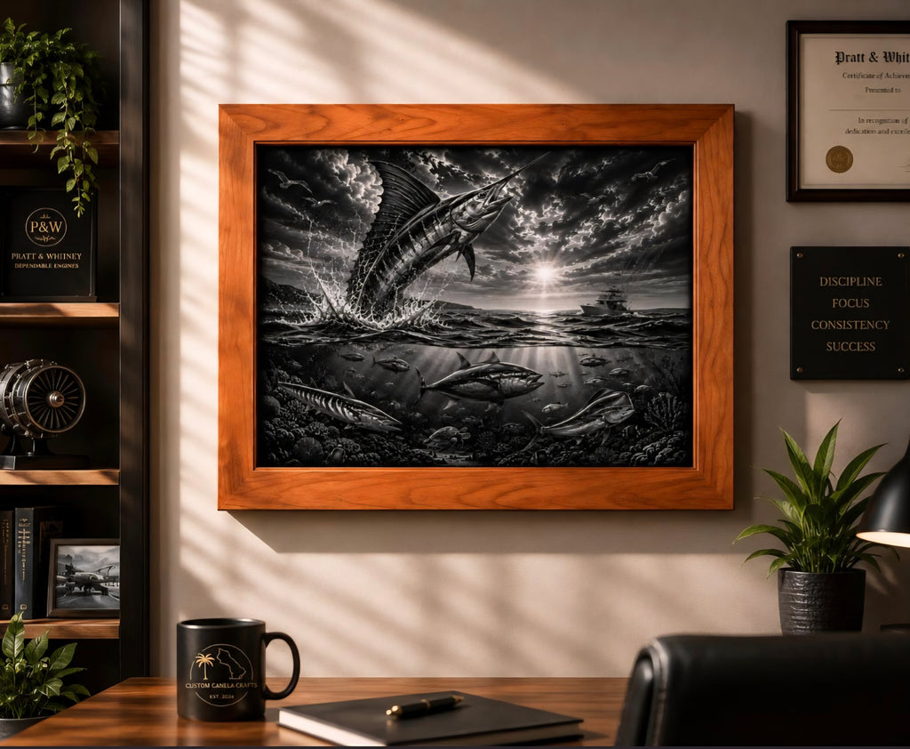 Marlin Offshore Fishing Wall Art – Laser Engraved Acrylic & Hardwood Frame