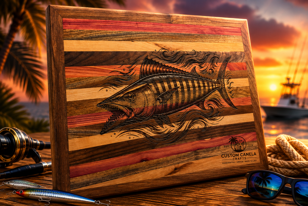 Handmade Wahoo Fish Wall Art – Laser Engraved Hardwood Fishing Decor
