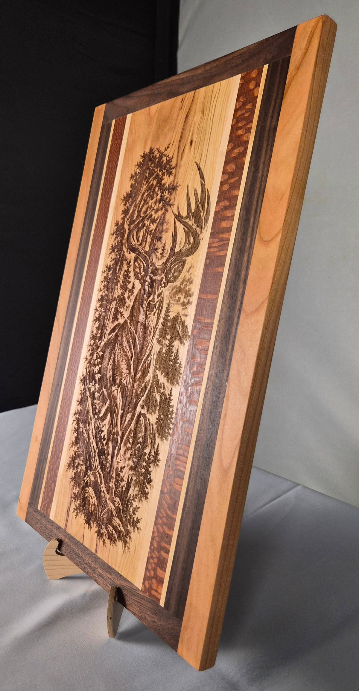 Handmade Hardwood Deer Wall Art – Laser Engraved Whitetail Buck – Cherry, Maple, Walnut & Leopard Wood – Ready to Ship