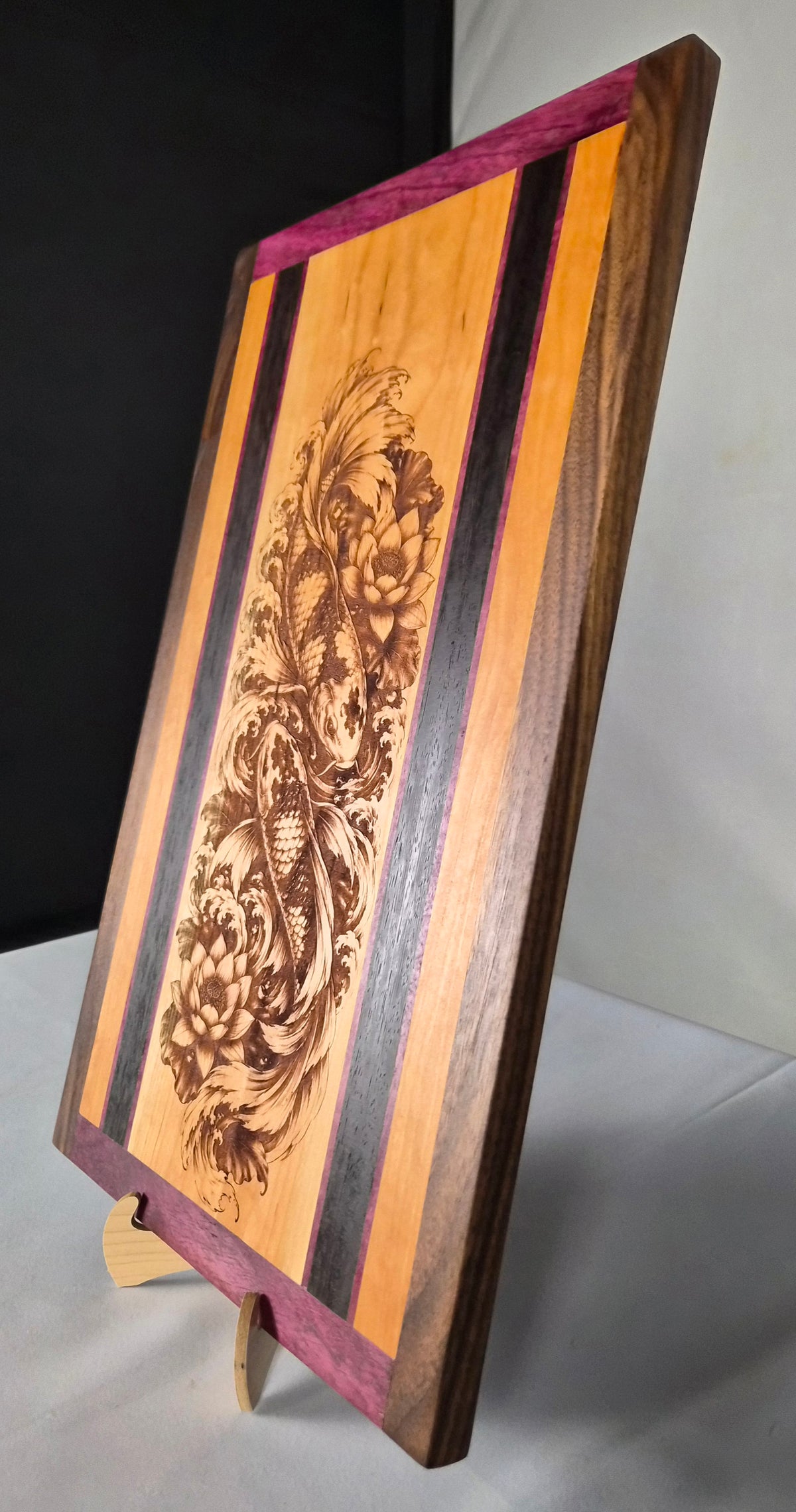 Handcrafted Koi Fish Hardwood Wall Art – Cherry, Purpleheart, Walnut & Wenge