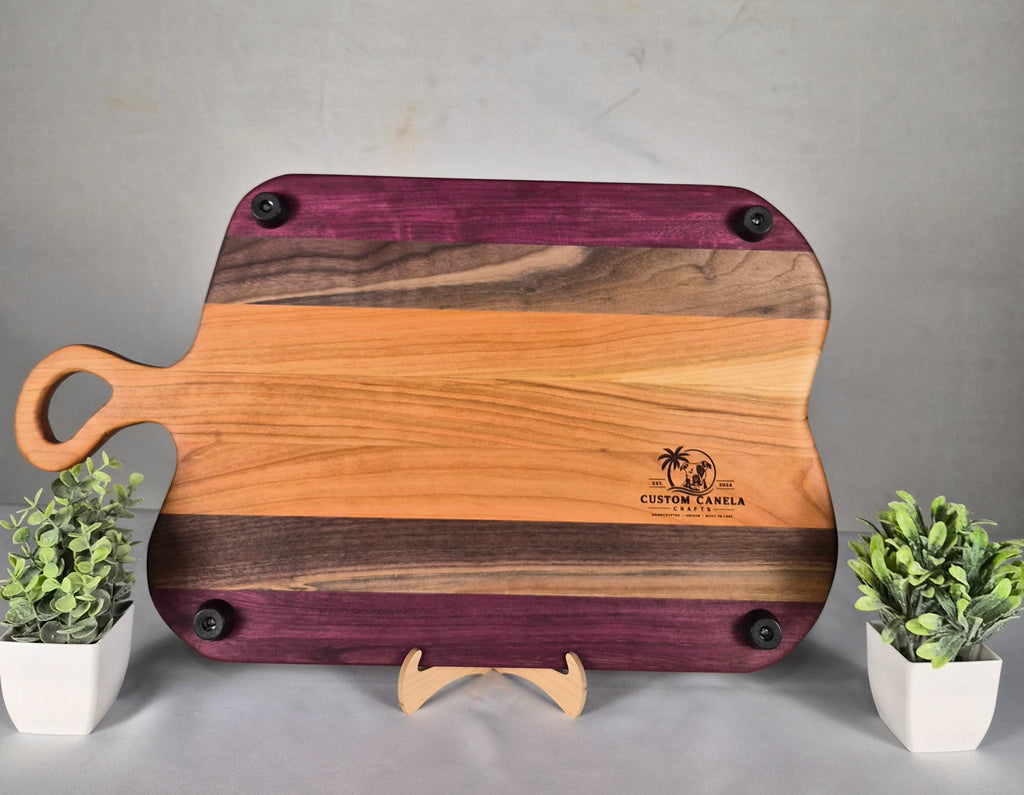 Handcrafted Hardwood Serving Board – Cherry, Walnut & Purpleheart – Laser Engraved Scenic Design – Ready to Ship