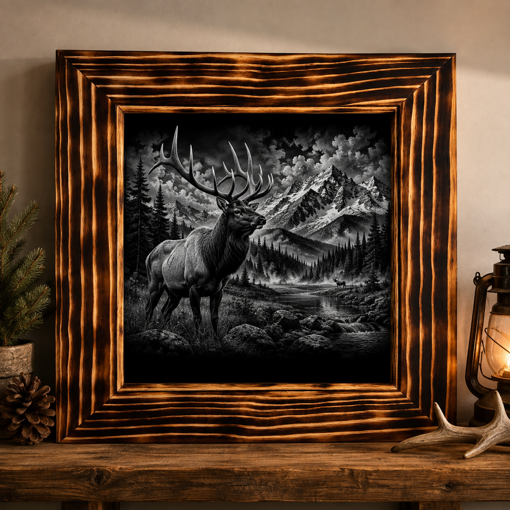 Bull Elk Wilderness Wall Art – Laser Engraved Wildlife & Mountain Scene
