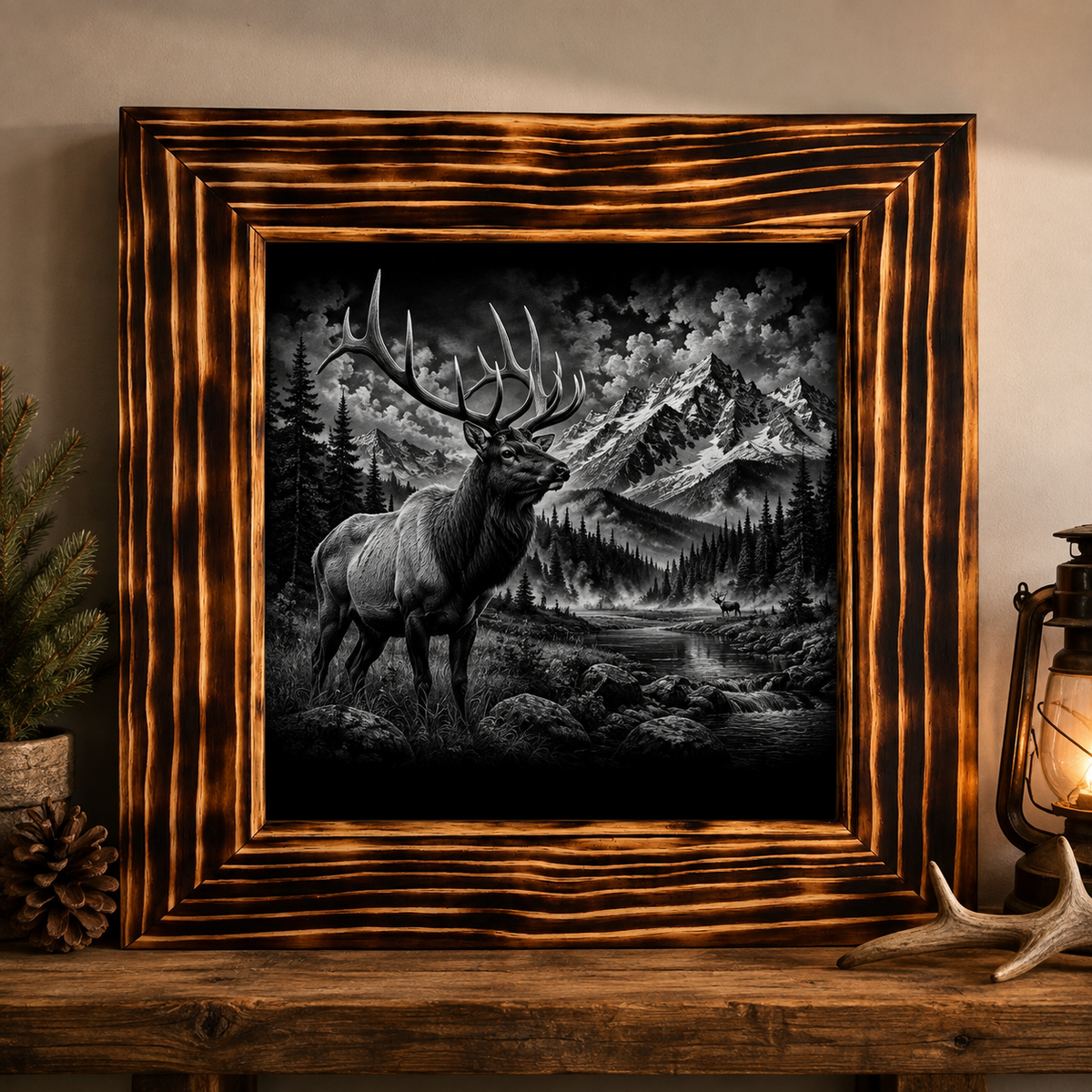 Bull Elk Wilderness Wall Art – Laser Engraved Wildlife & Mountain Scene