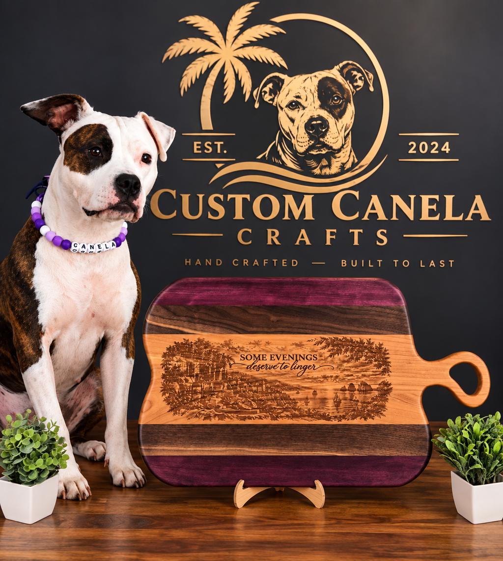 Handcrafted Hardwood Serving Board – Cherry, Walnut & Purpleheart – Laser Engraved Scenic Design – Ready to Ship