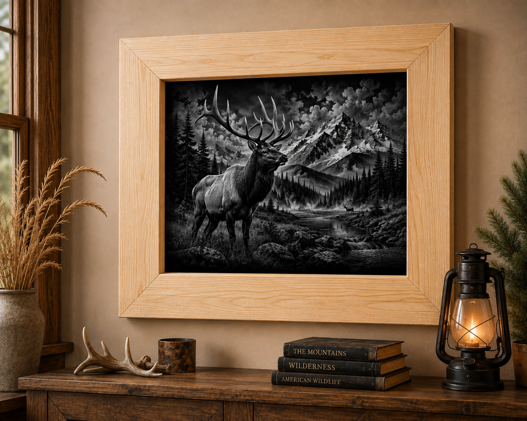 Bull Elk Wilderness Wall Art – Laser Engraved Wildlife & Mountain Scene