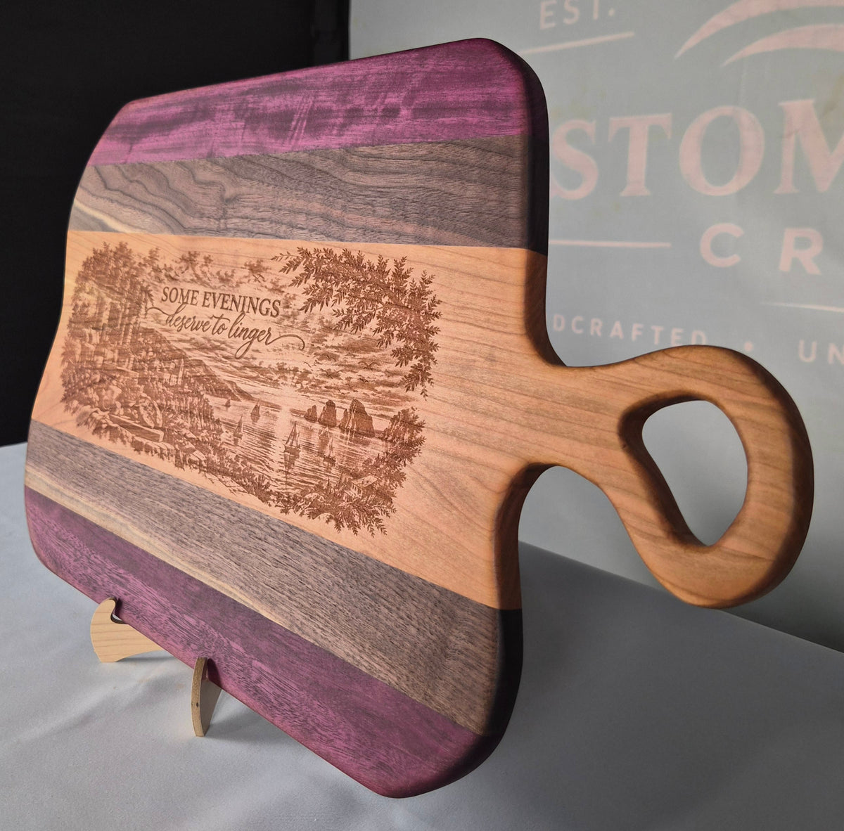 Handcrafted Hardwood Serving Board – Cherry, Walnut & Purpleheart – Laser Engraved Scenic Design – Ready to Ship