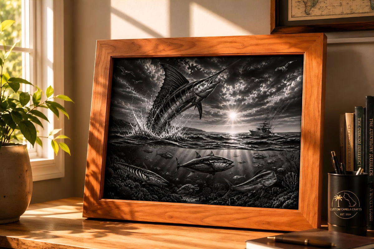 Marlin Offshore Fishing Wall Art – Laser Engraved Acrylic & Hardwood Frame