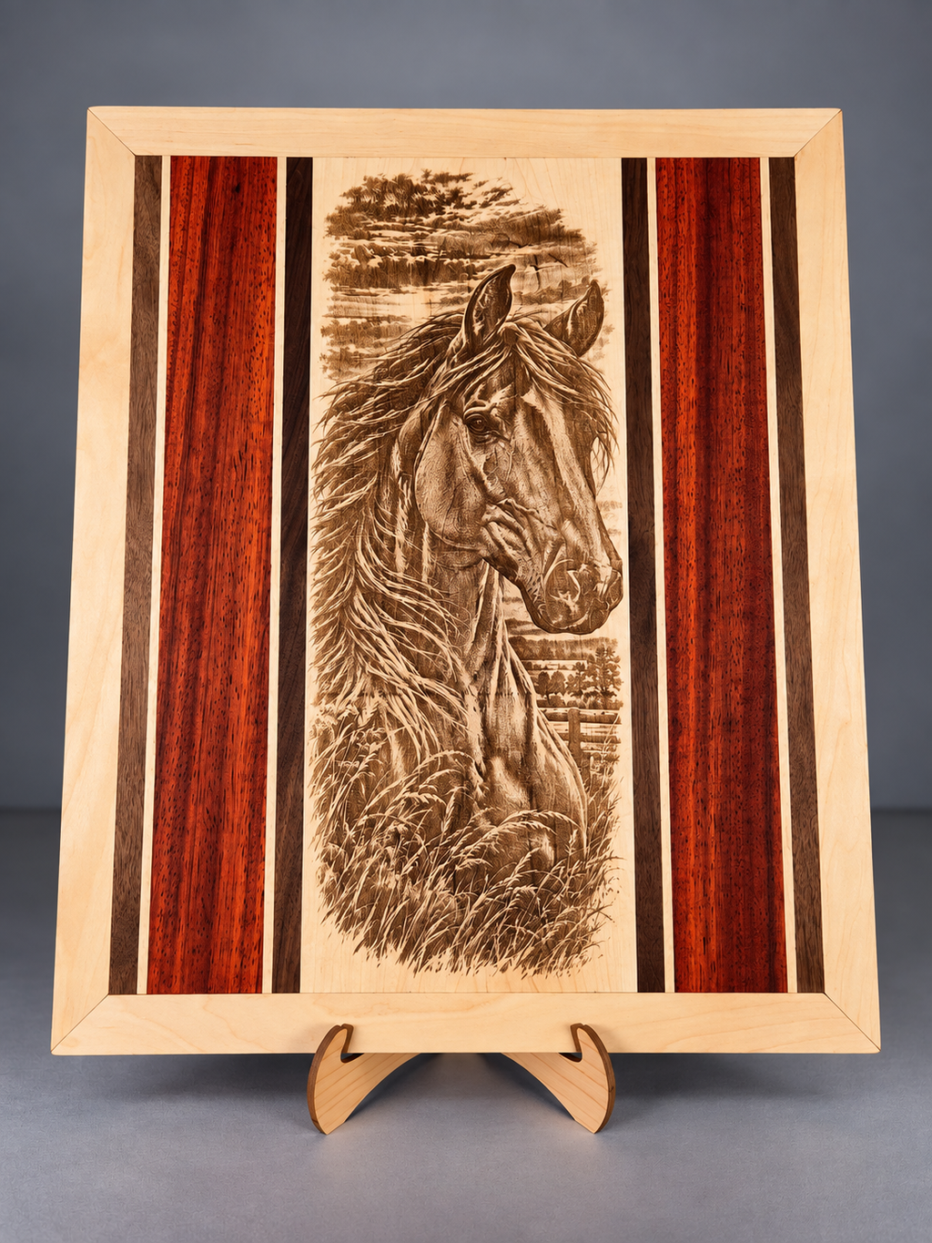 Handcrafted Horse Hardwood Wall Art – Solid Maple, Walnut & Padauk – Ready to Ship