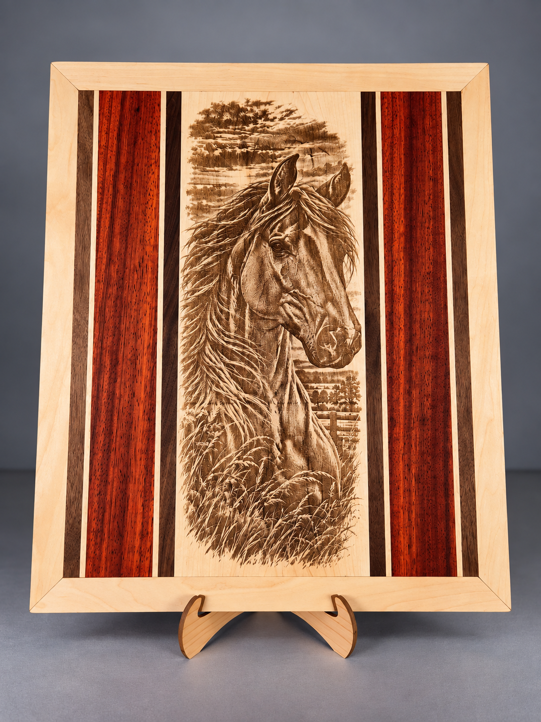 Handcrafted Horse Hardwood Wall Art – Solid Maple, Walnut & Padauk – Ready to Ship