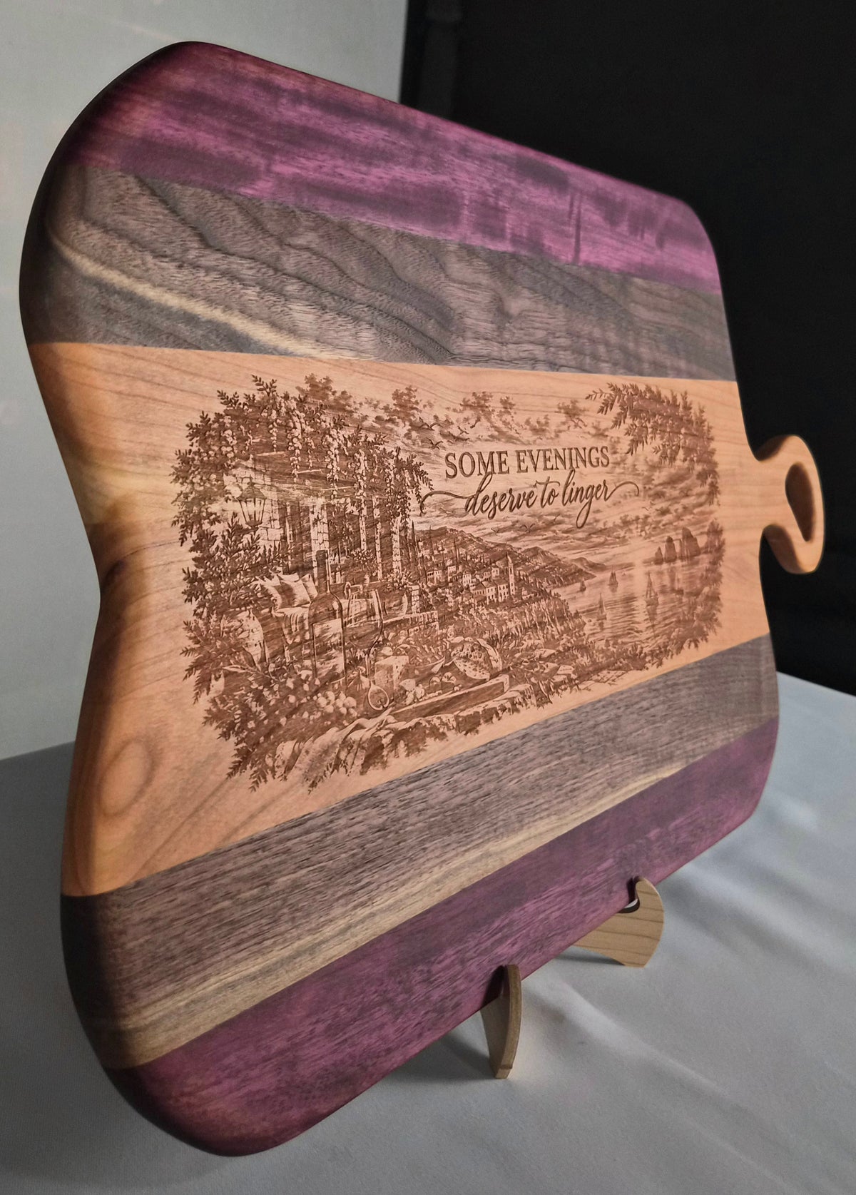 Handcrafted Hardwood Serving Board – Cherry, Walnut & Purpleheart – Laser Engraved Scenic Design – Ready to Ship
