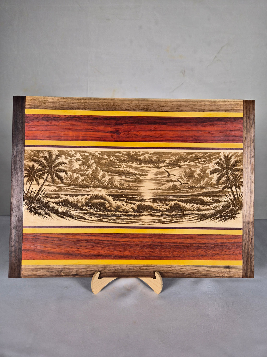 Handcrafted Ocean Sunset Hardwood Wall Art – Maple, Walnut, Padauk, Purpleheart & Yellowheart