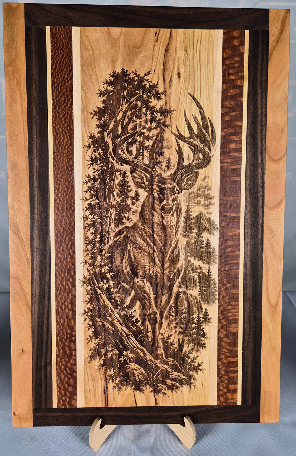 Handmade Hardwood Deer Wall Art – Laser Engraved Whitetail Buck – Cherry, Maple, Walnut & Leopard Wood – Ready to Ship