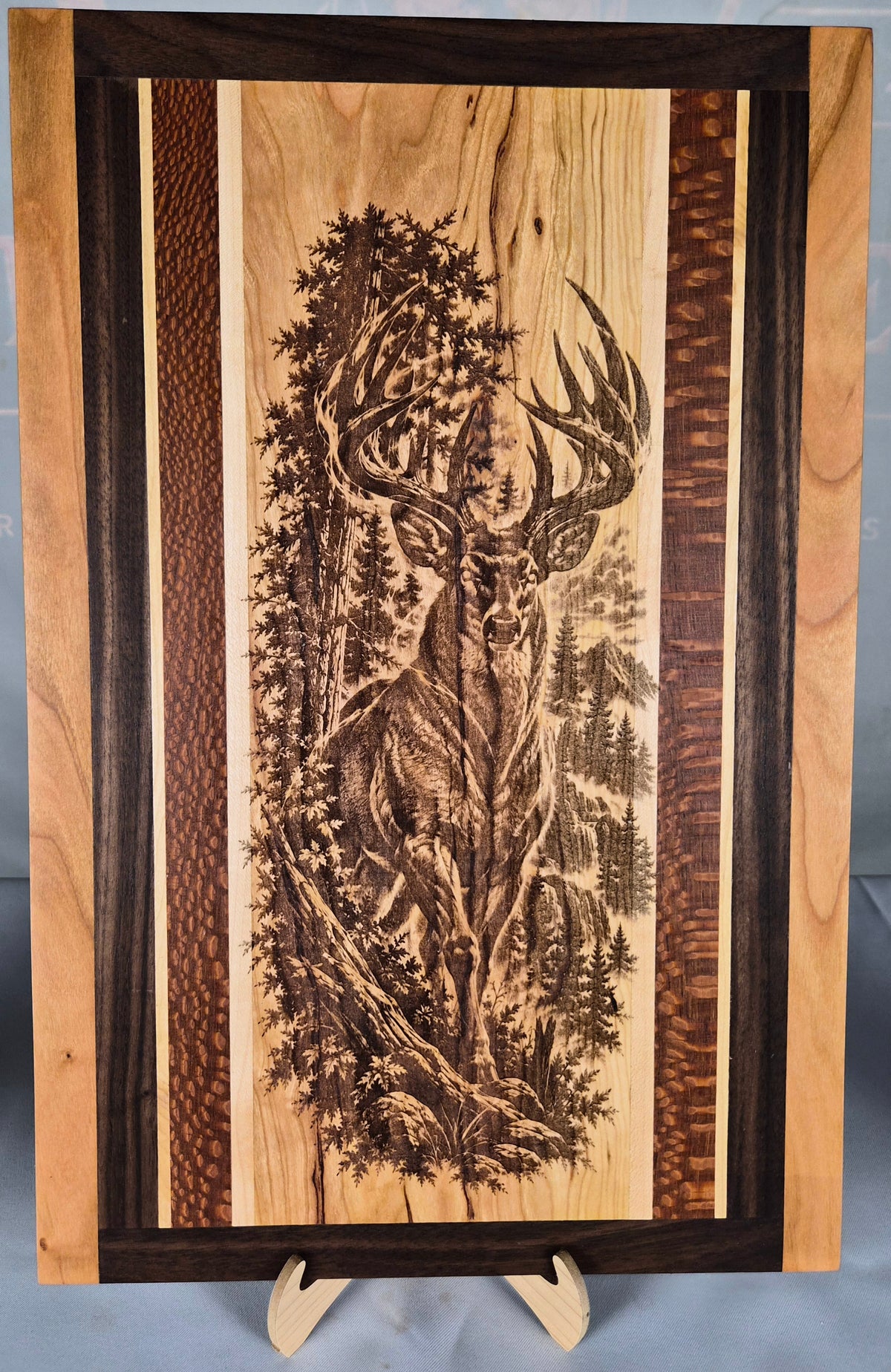 Handmade Hardwood Deer Wall Art – Laser Engraved Whitetail Buck – Cherry, Maple, Walnut & Leopard Wood – Ready to Ship