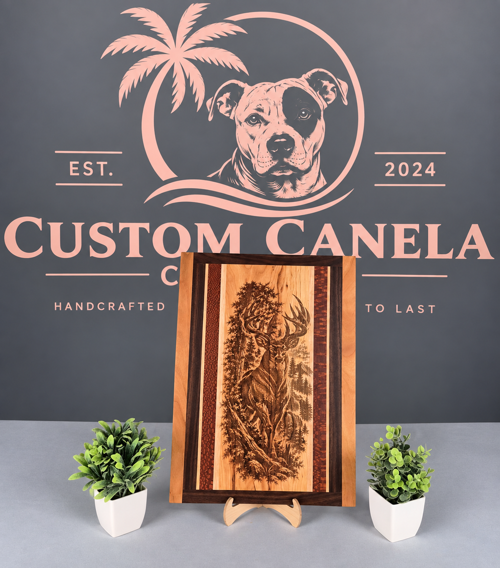 Handmade Hardwood Deer Wall Art – Laser Engraved Whitetail Buck – Cherry, Maple, Walnut & Leopard Wood – Ready to Ship