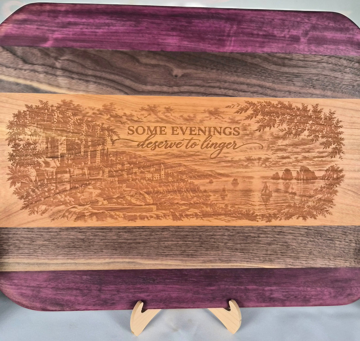 Handcrafted Hardwood Serving Board – Cherry, Walnut & Purpleheart – Laser Engraved Scenic Design – Ready to Ship