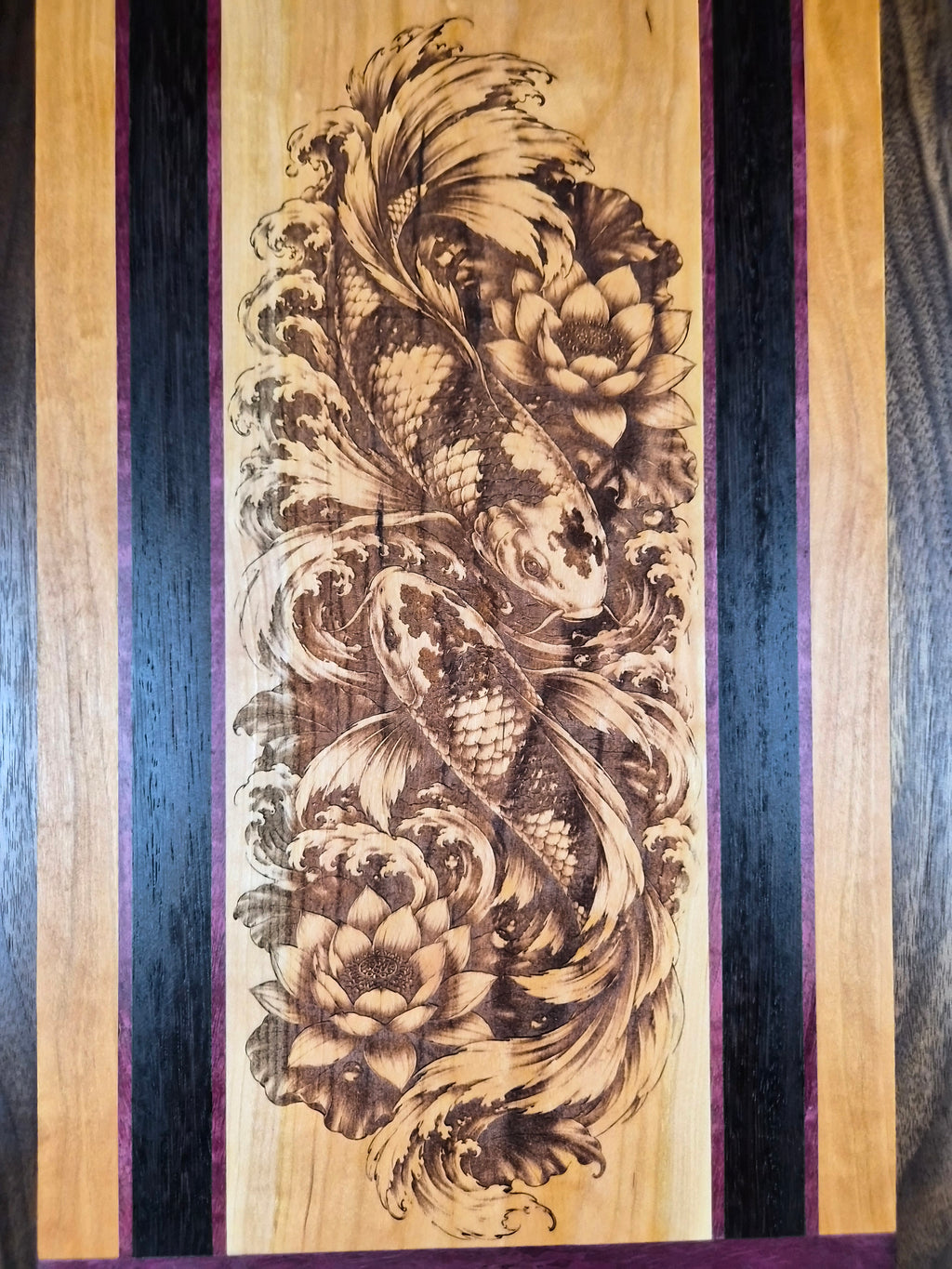 Handcrafted Koi Fish Hardwood Wall Art – Cherry, Purpleheart, Walnut & Wenge