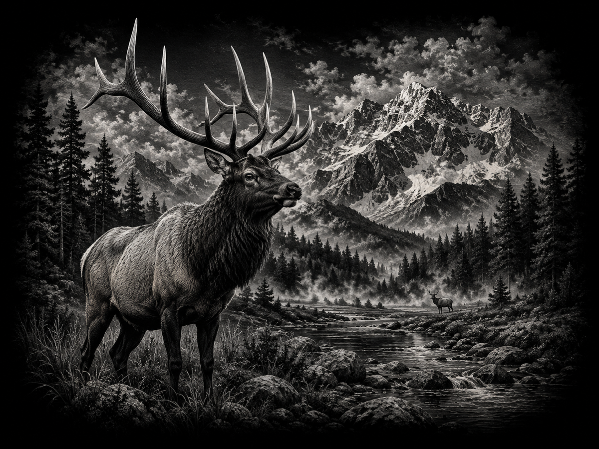 Bull Elk Wilderness Wall Art – Laser Engraved Wildlife & Mountain Scene