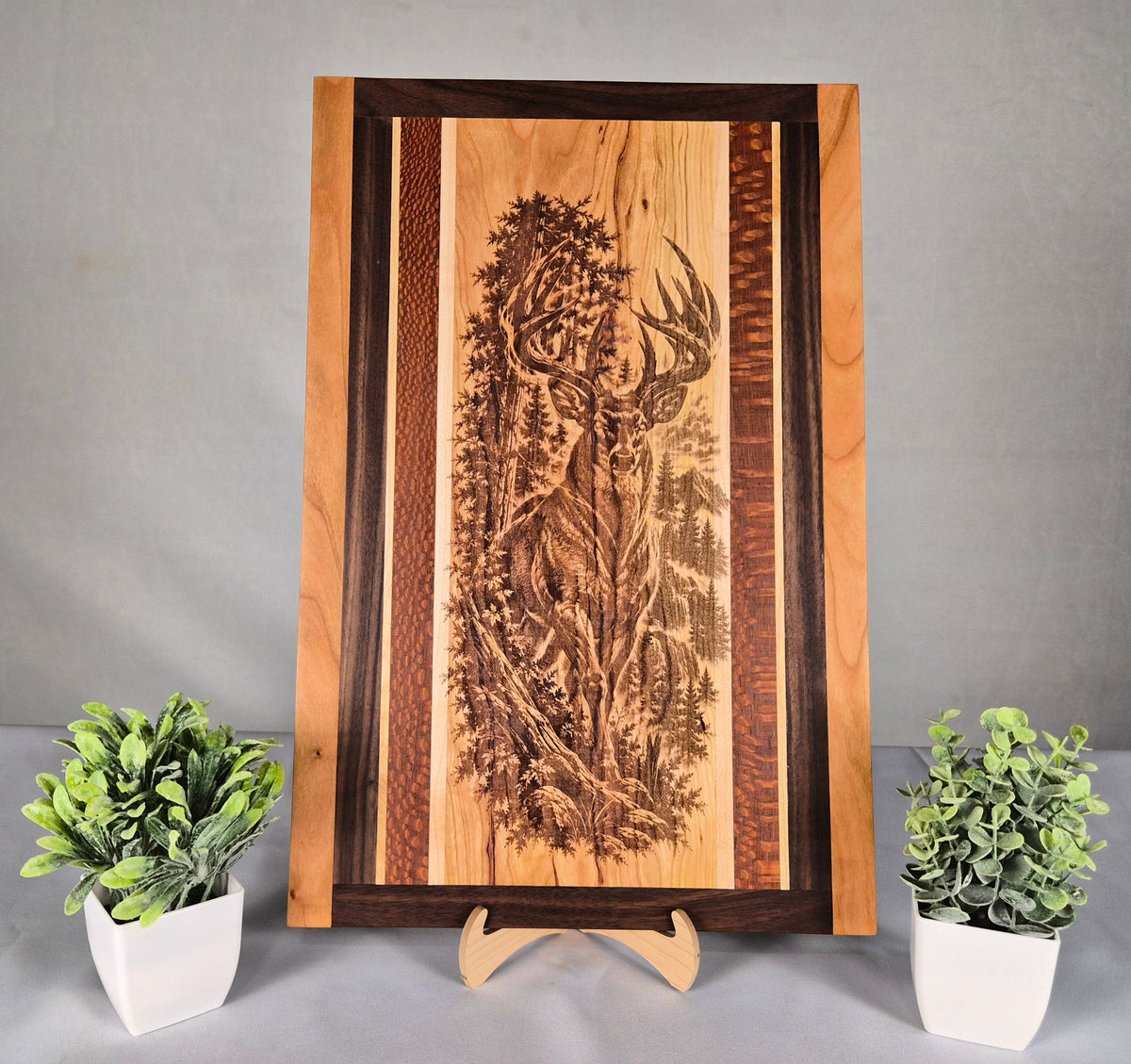 Handmade Hardwood Deer Wall Art – Laser Engraved Whitetail Buck – Cherry, Maple, Walnut & Leopard Wood – Ready to Ship