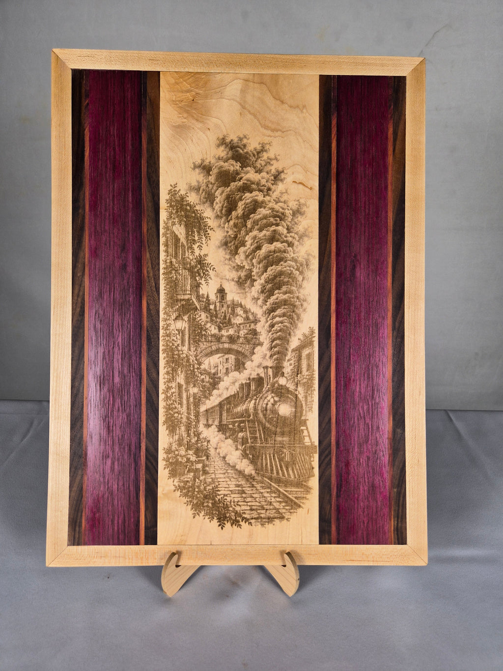 Handcrafted Vintage Locomotive Hardwood Wall Art – Maple, Walnut & Purpleheart