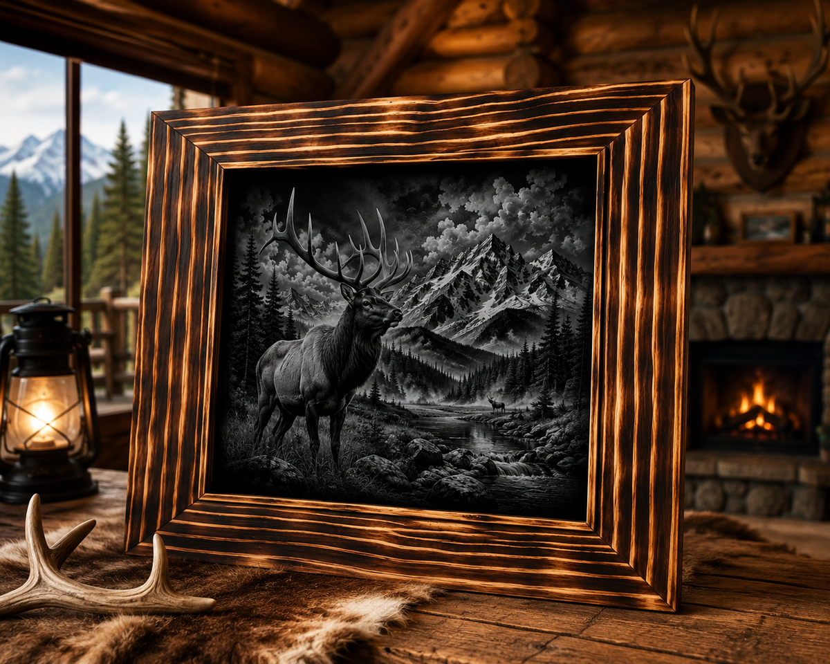 Bull Elk Wilderness Wall Art – Laser Engraved Wildlife & Mountain Scene