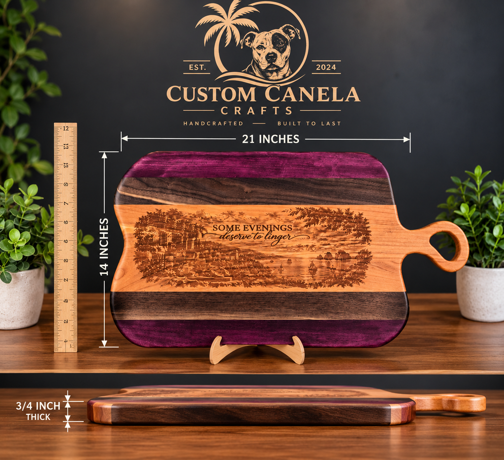 Handcrafted Hardwood Serving Board – Cherry, Walnut & Purpleheart – Laser Engraved Scenic Design – Ready to Ship