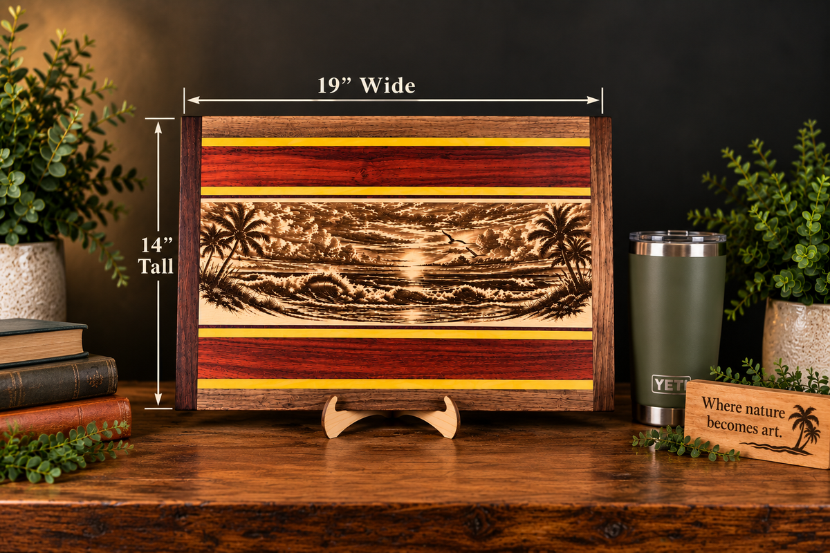 Handcrafted Ocean Sunset Hardwood Wall Art – Maple, Walnut, Padauk, Purpleheart & Yellowheart