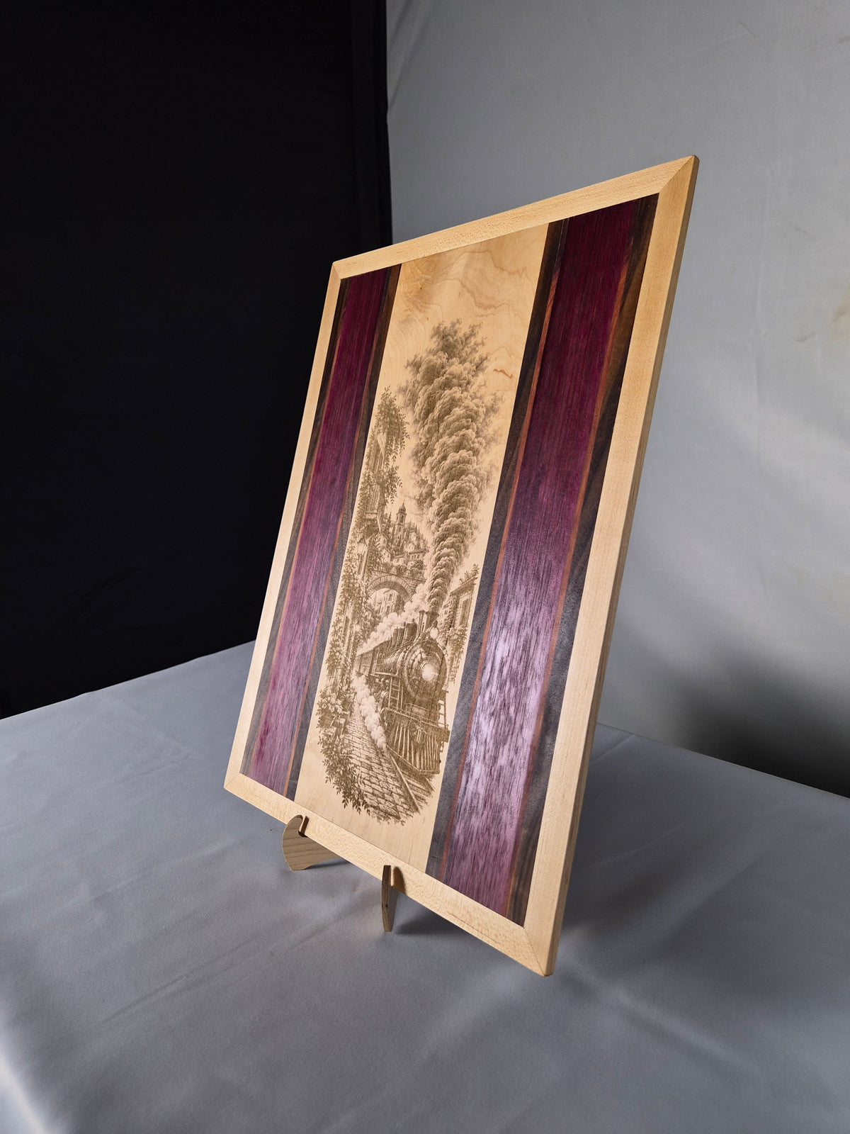 Handcrafted Vintage Locomotive Hardwood Wall Art – Maple, Walnut & Purpleheart