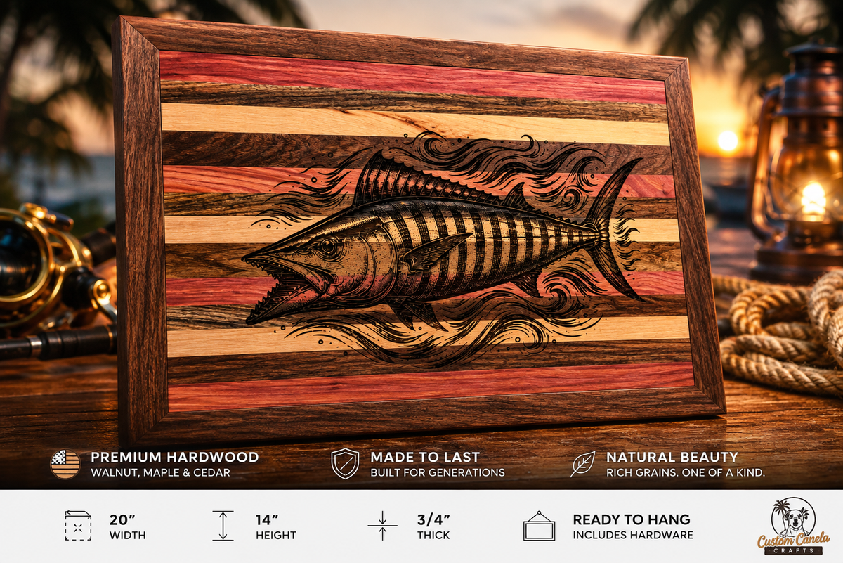 Handmade Wahoo Fish Wall Art – Laser Engraved Hardwood Fishing Decor