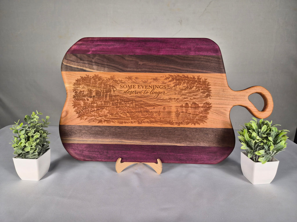 Handcrafted Hardwood Serving Board – Cherry, Walnut & Purpleheart – Laser Engraved Scenic Design – Ready to Ship