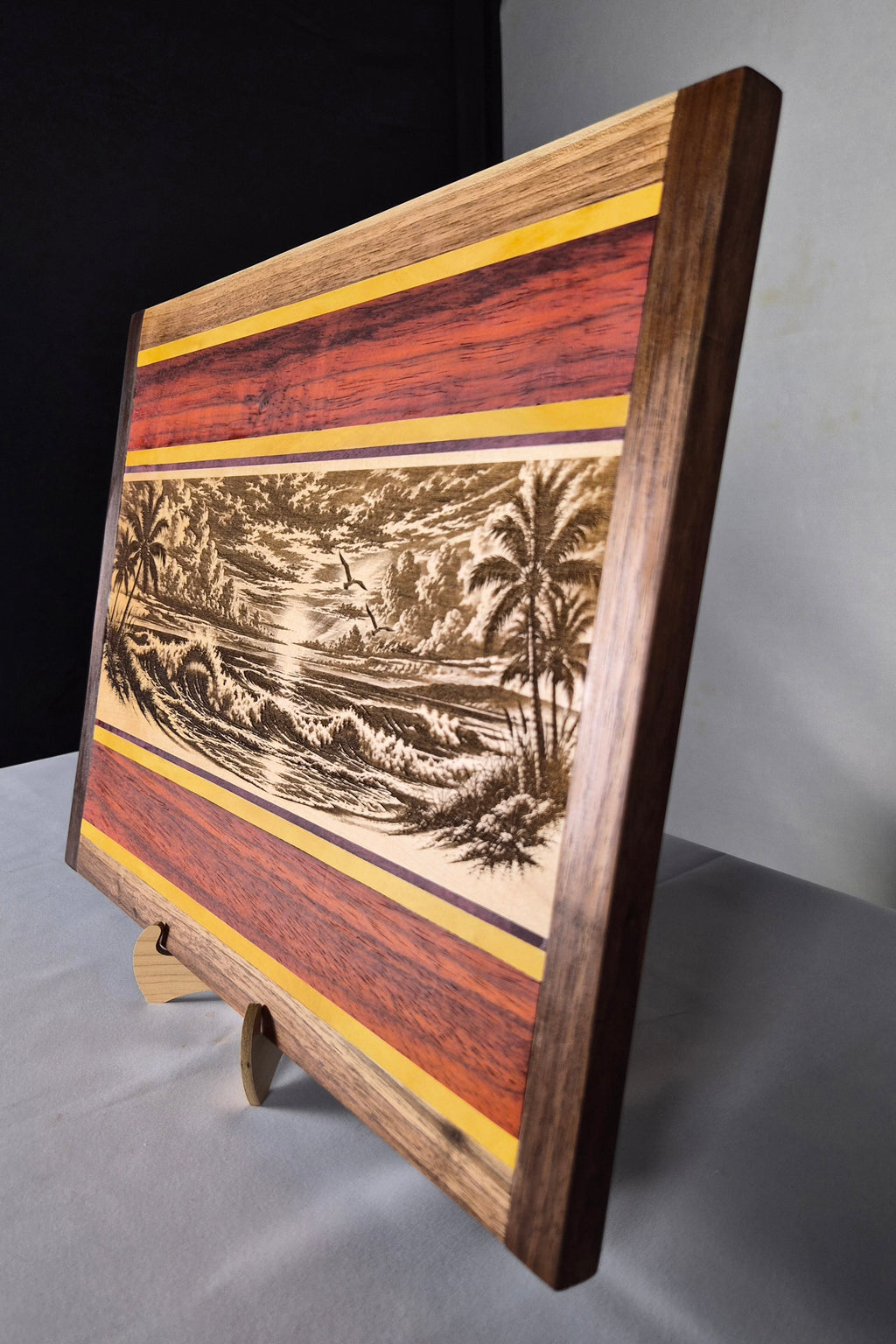 Handcrafted Ocean Sunset Hardwood Wall Art – Maple, Walnut, Padauk, Purpleheart & Yellowheart