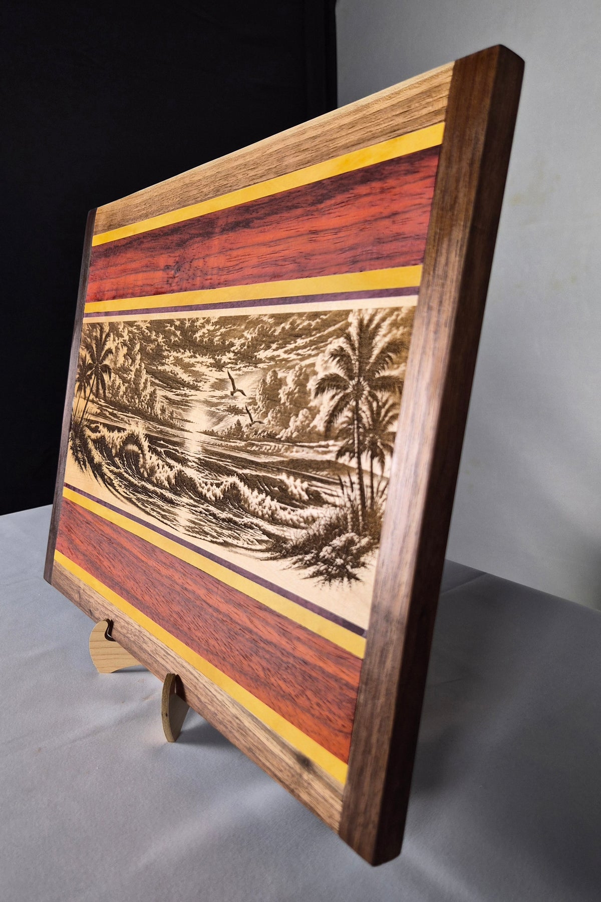 Handcrafted Ocean Sunset Hardwood Wall Art – Maple, Walnut, Padauk, Purpleheart & Yellowheart