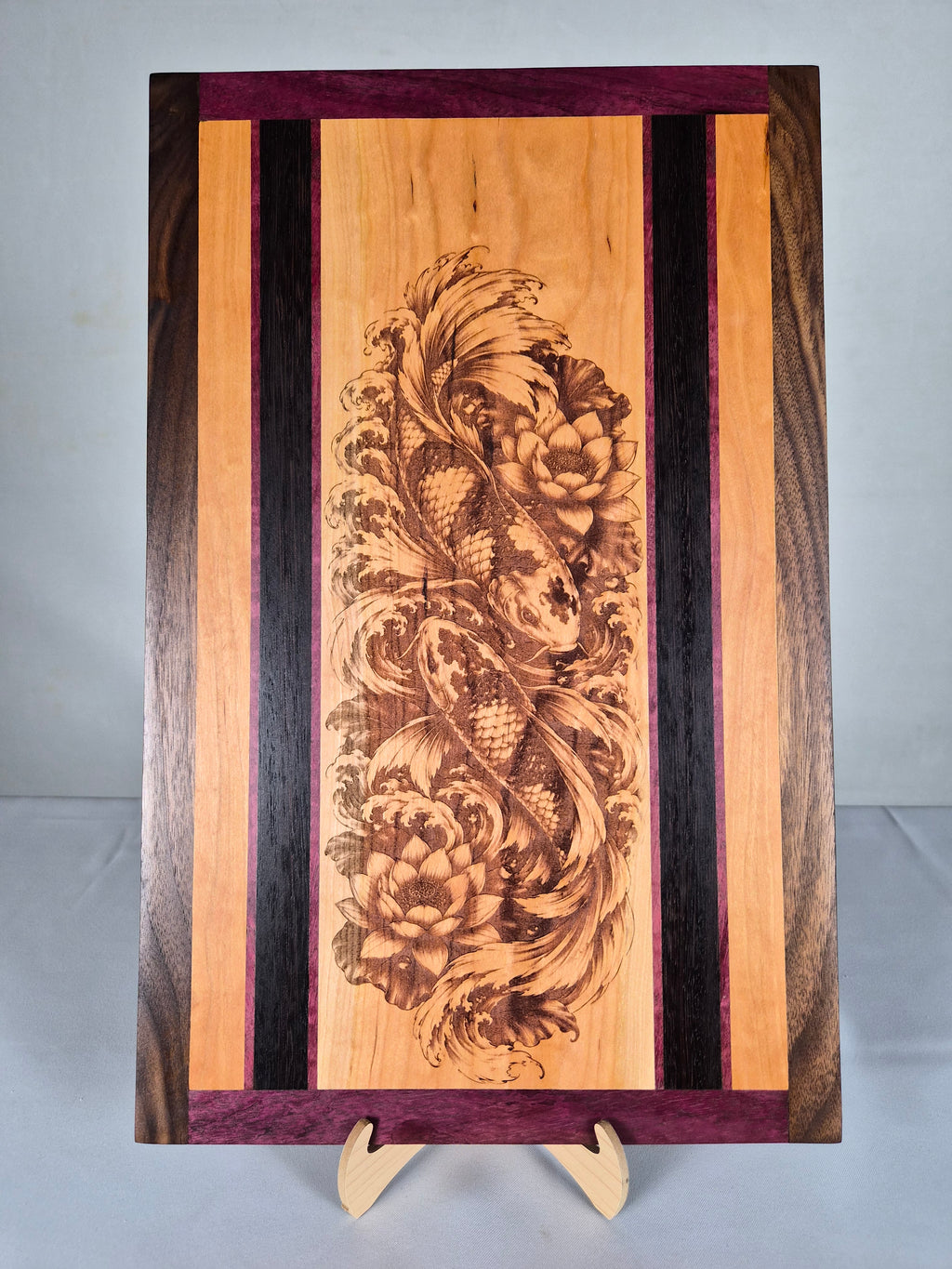 Handcrafted Koi Fish Hardwood Wall Art – Cherry, Purpleheart, Walnut & Wenge