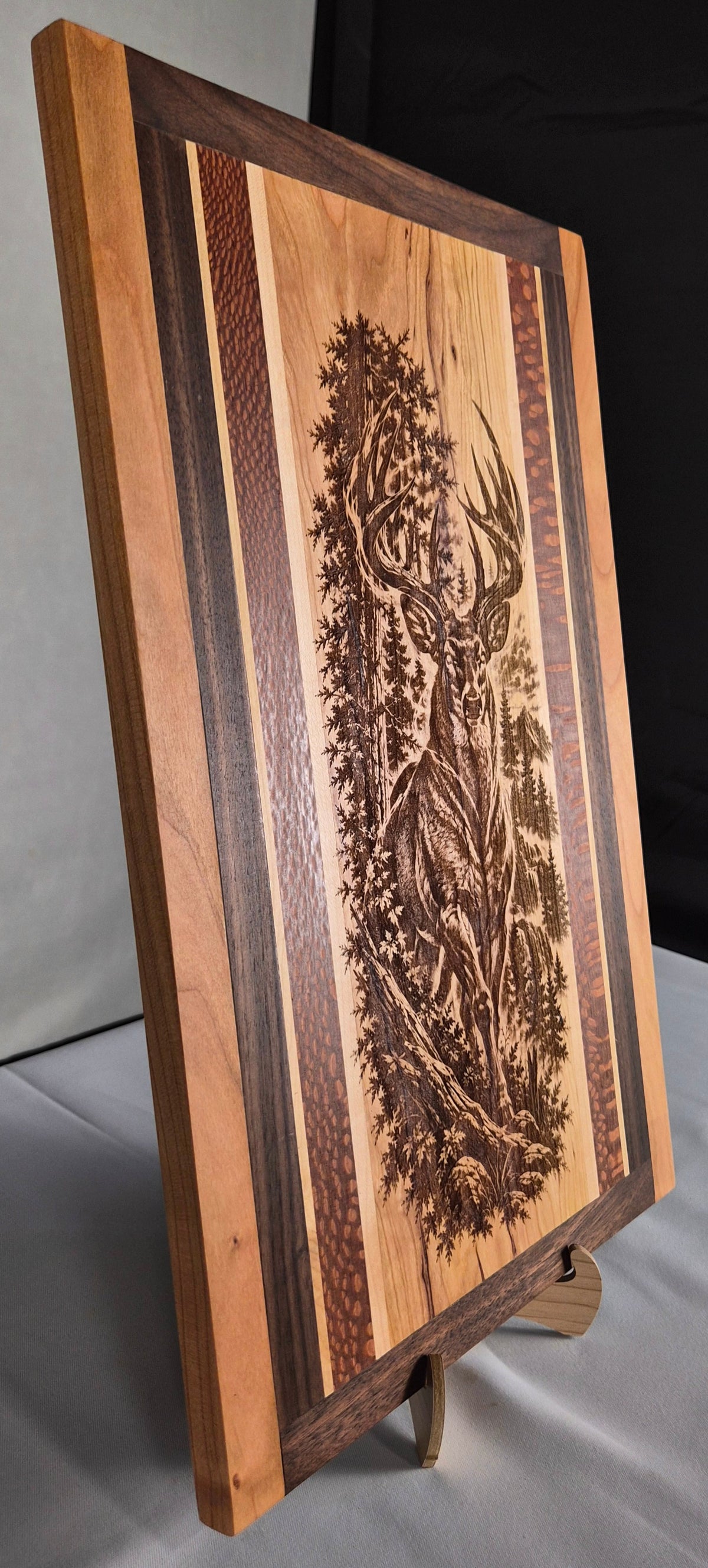 Handmade Hardwood Deer Wall Art – Laser Engraved Whitetail Buck – Cherry, Maple, Walnut & Leopard Wood – Ready to Ship