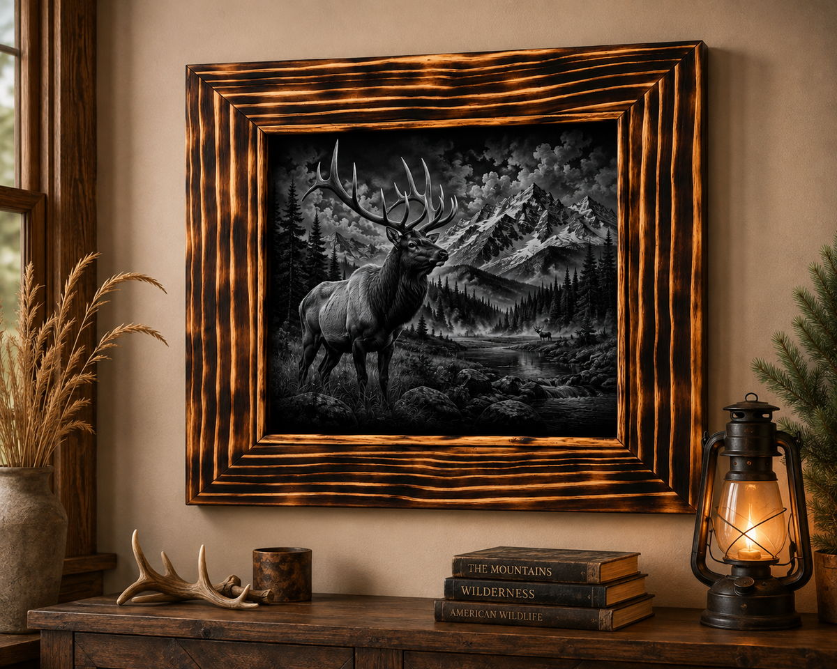 Bull Elk Wilderness Wall Art – Laser Engraved Wildlife & Mountain Scene