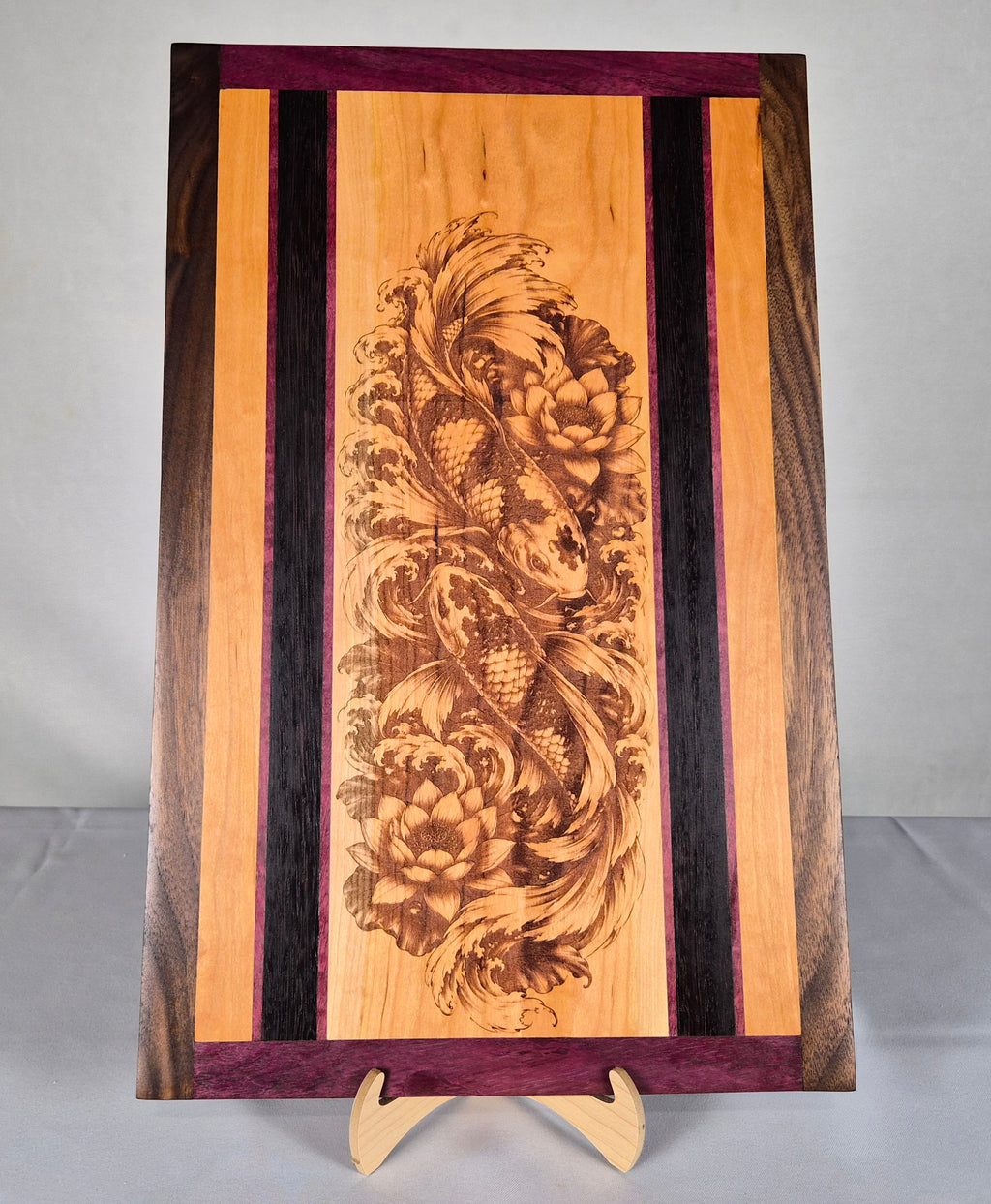 Handcrafted Koi Fish Hardwood Wall Art – Cherry, Purpleheart, Walnut & Wenge