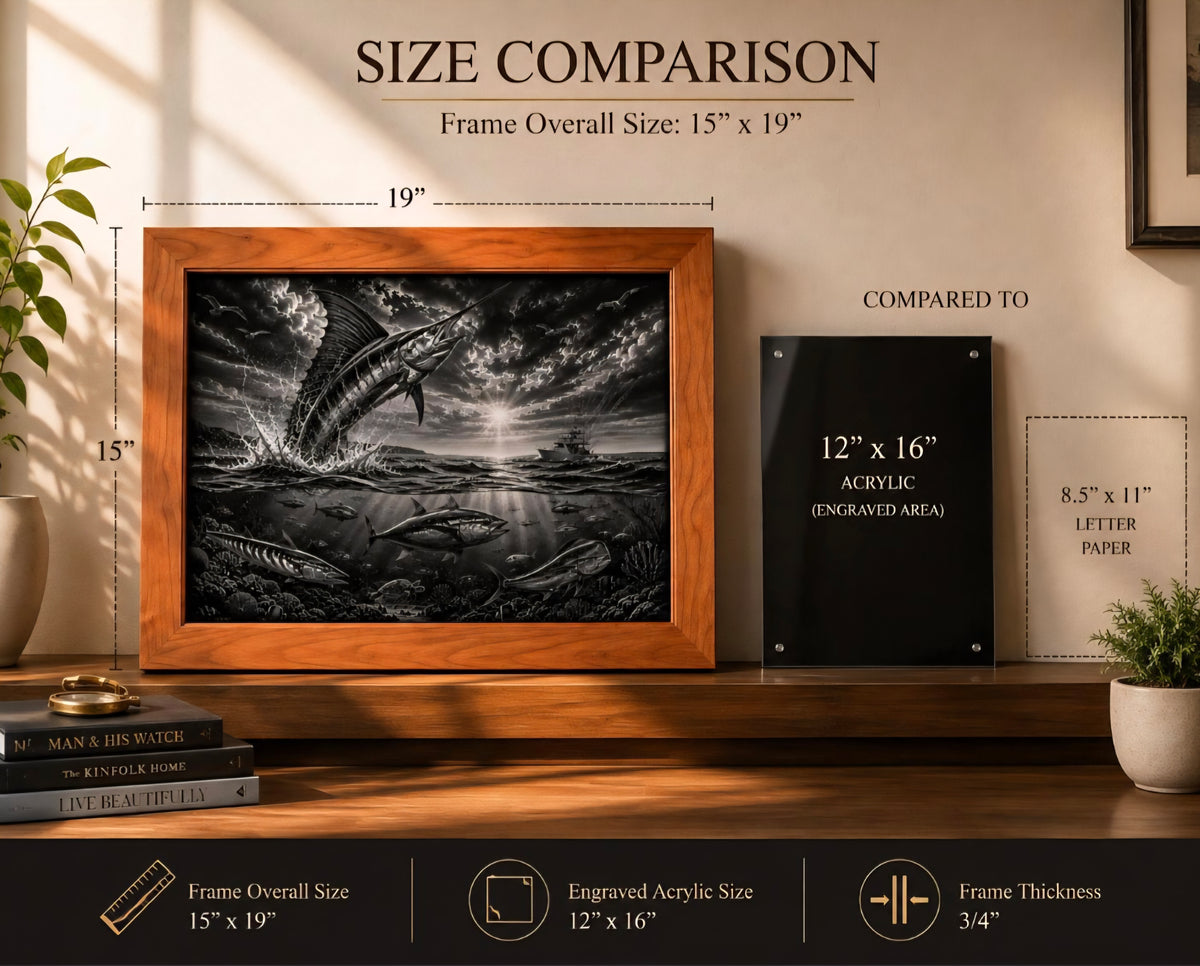 Marlin Offshore Fishing Wall Art – Laser Engraved Acrylic & Hardwood Frame