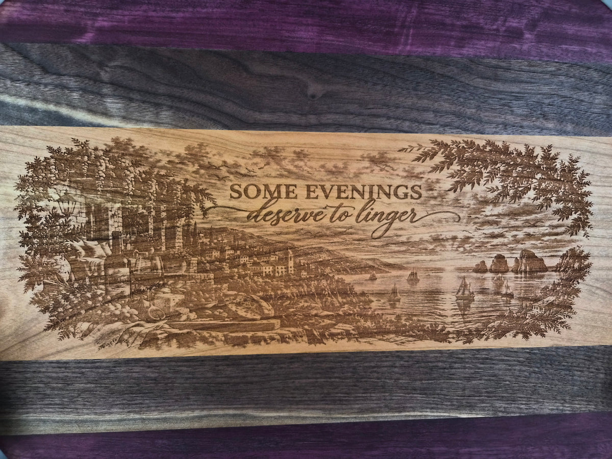 Handcrafted Hardwood Serving Board – Cherry, Walnut & Purpleheart – Laser Engraved Scenic Design – Ready to Ship