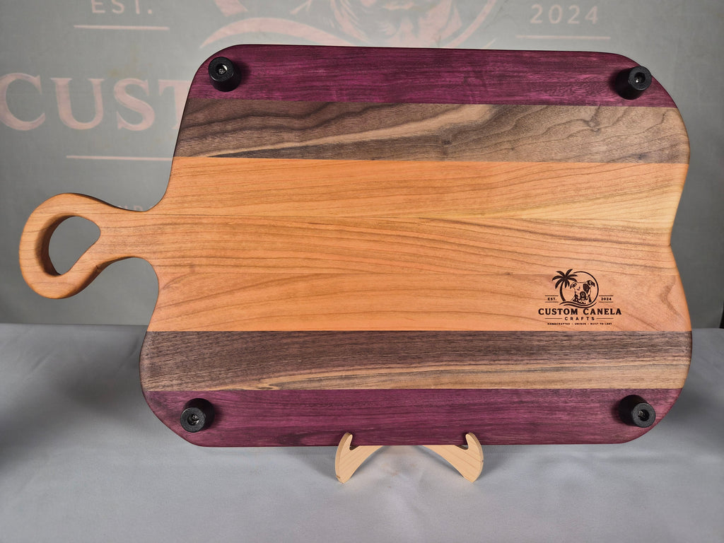 Handcrafted Hardwood Serving Board – Cherry, Walnut & Purpleheart – Laser Engraved Scenic Design – Ready to Ship