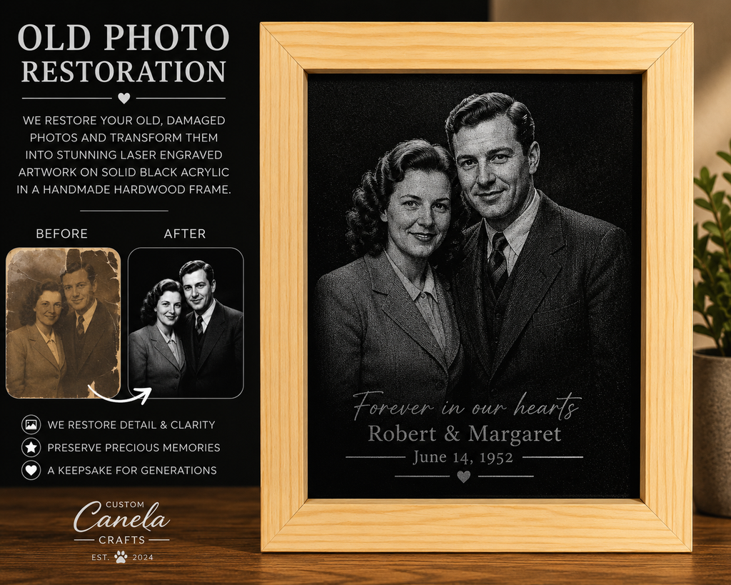 Custom Photo Restoration & Laser Engraved Family Portrait